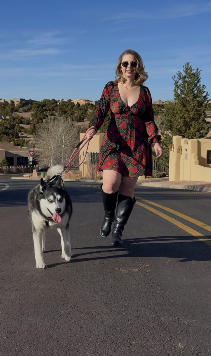 A Mutt Maven walking a husky in Santa Fe